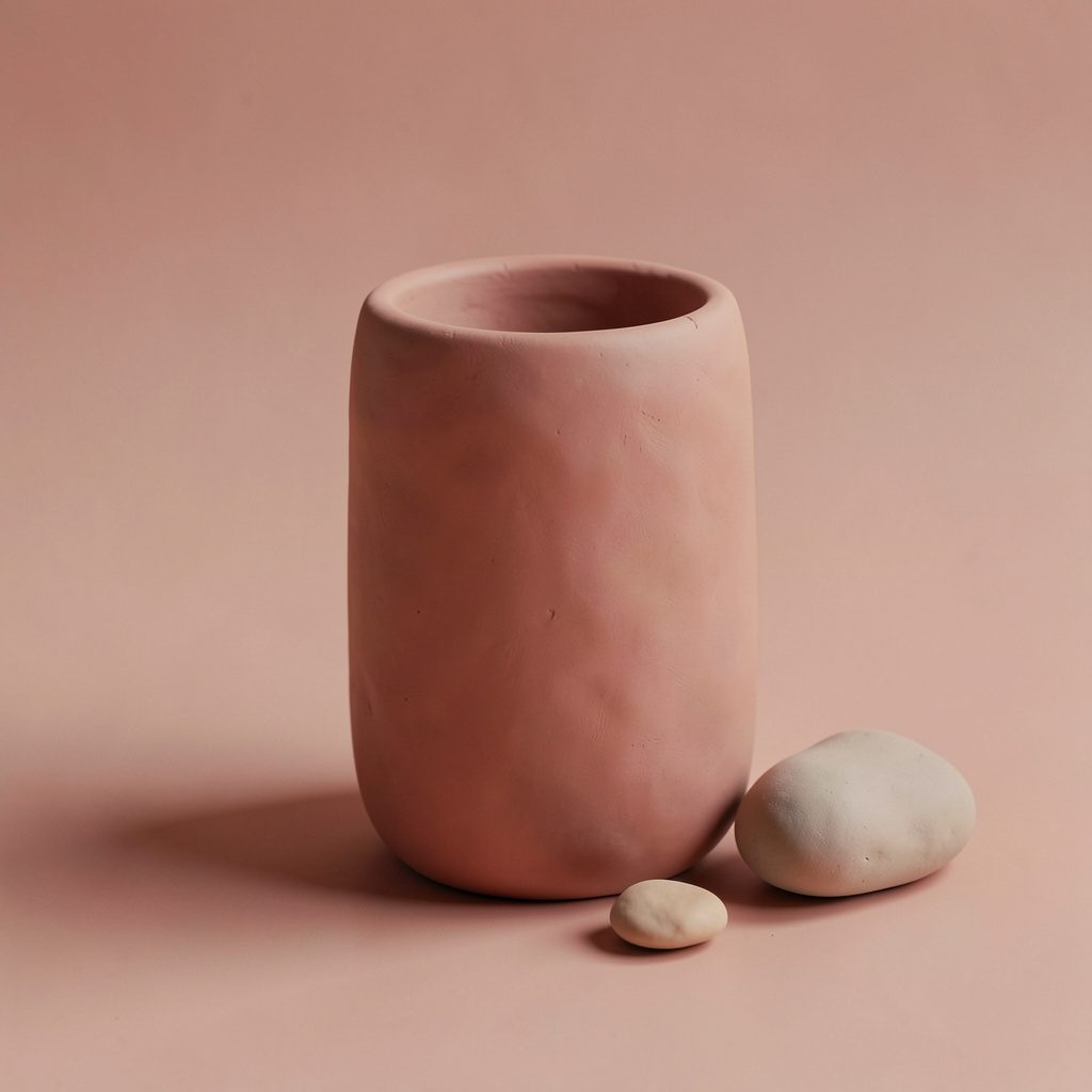 Soft green and pink rounded clay forms suggesting fresh detox drinks in gentle pastel tones, handmade aesthetic