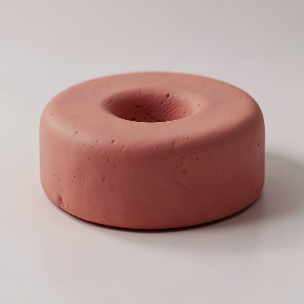 Soft golden-brown eggless rava cake on a pastel plate, warm kitchen light, rounded handmade clay-model aesthetic