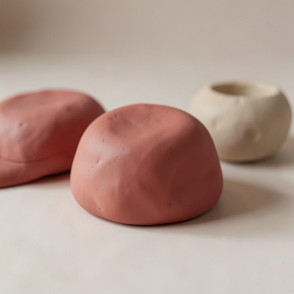 A soft clay-model still life of natural skincare ingredients — aloe vera leaf, coconut oil in a small bowl, and rolled oats — in creamy whites and soft greens against a neutral background.
