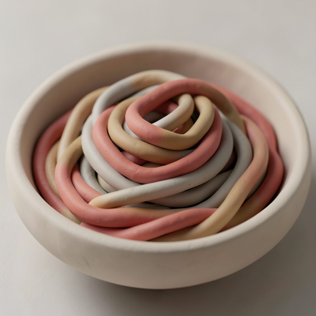 Soft warm-toned mixed hakka noodles in a rounded clay bowl, gentle steam, pastel background