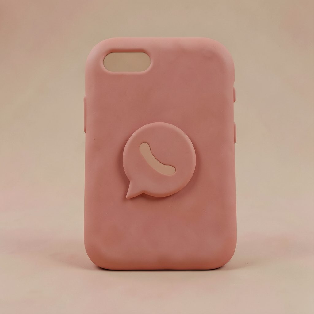 Soft clay-model render of a rounded smartphone with a WhatsApp logo in muted green and white tones, set on a warm pastel surface.